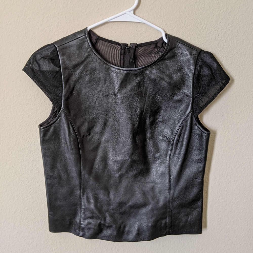 Aula Lamb Leather Top with Sheer Cap Sleeves